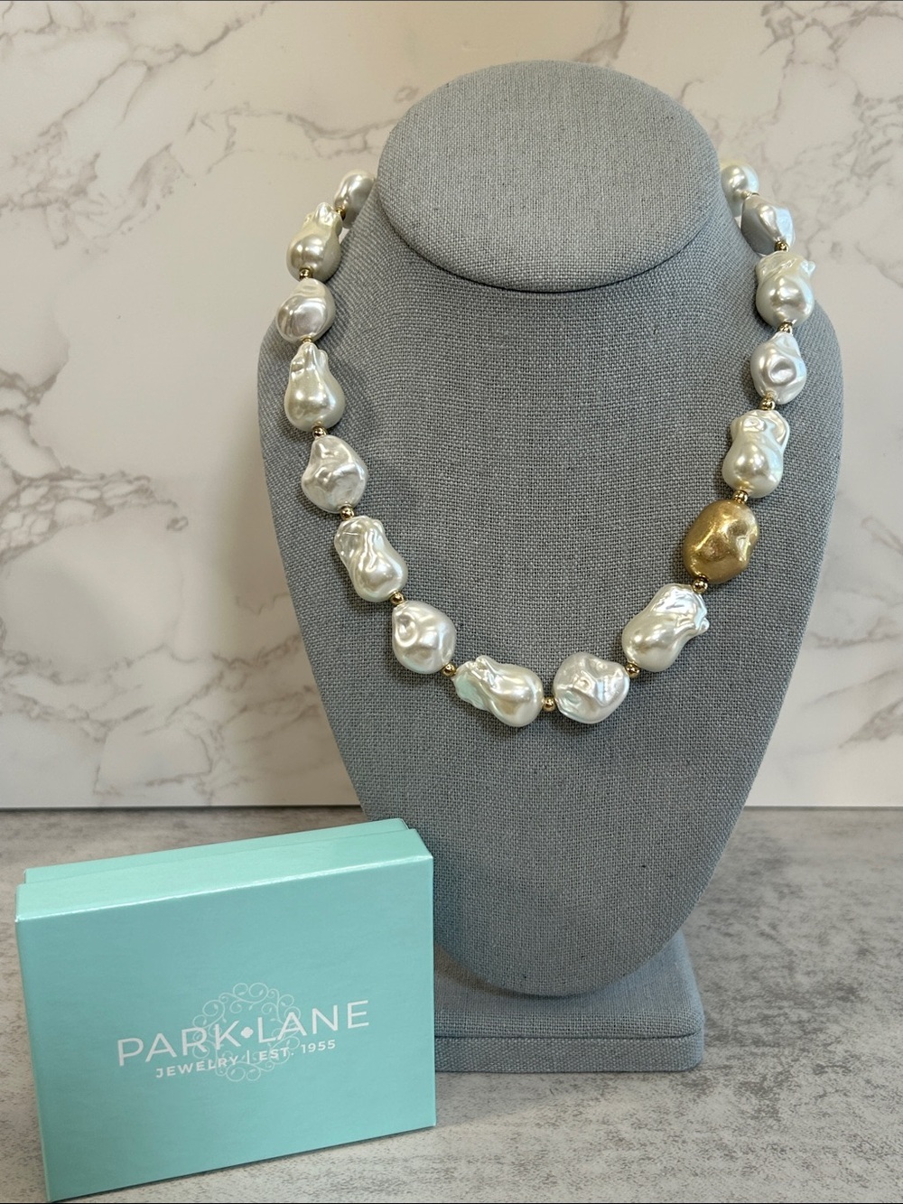 Park Lane White Baroque Glass Pearl Necklace with Gold Accent Bead